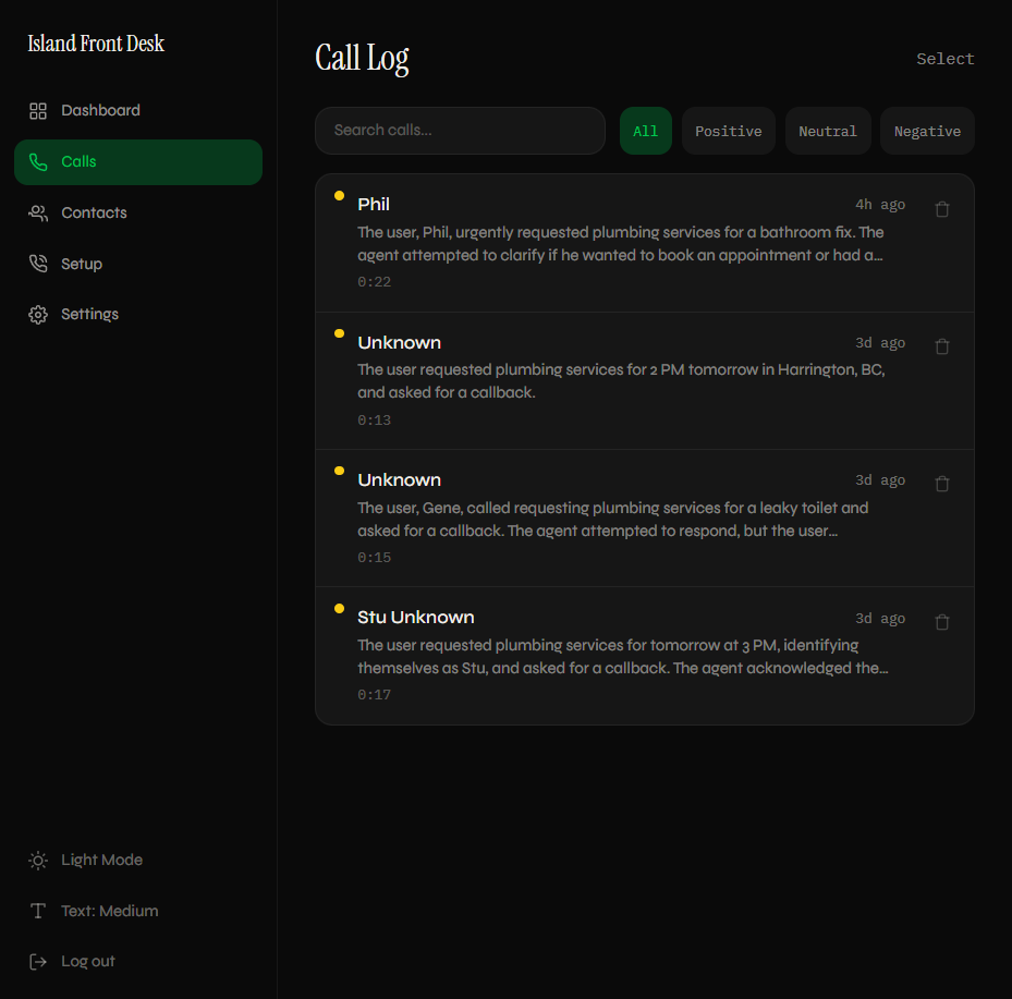 Call log showing caller names, summaries, and sentiment filters