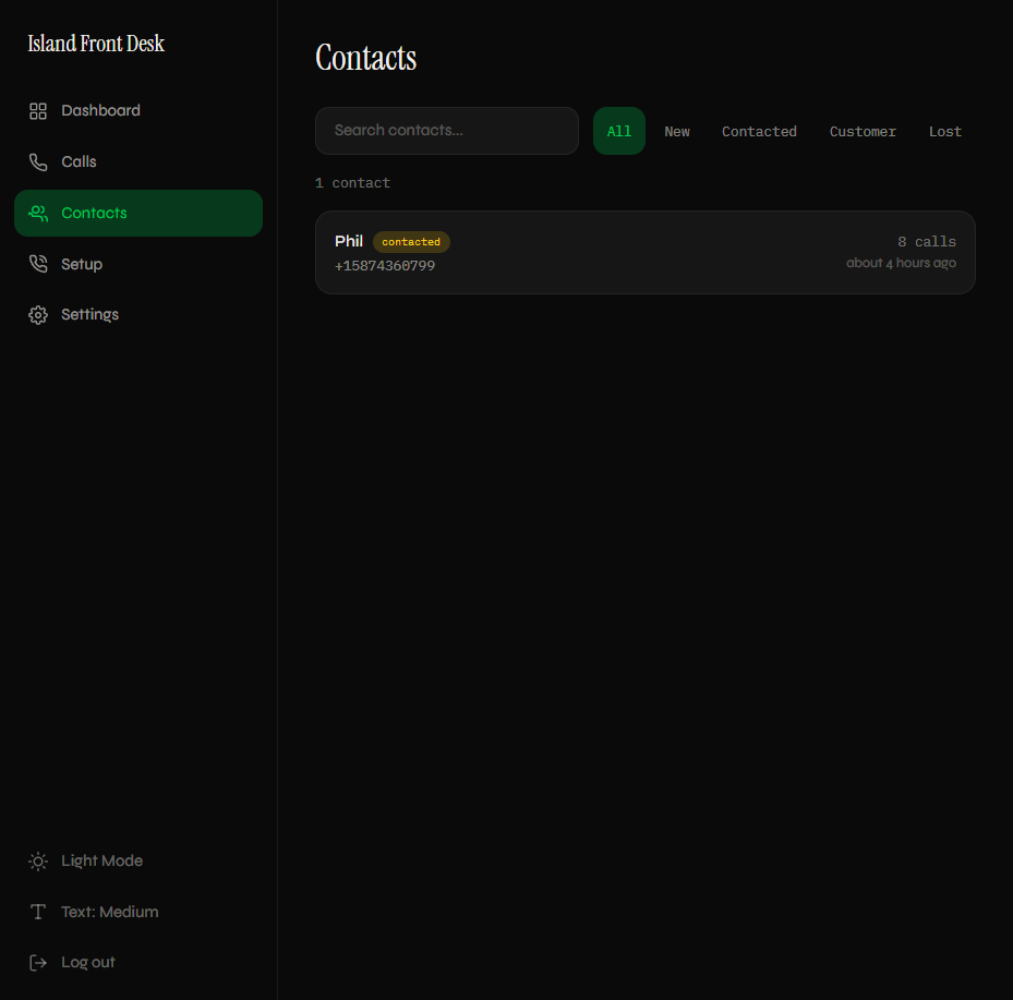 Contact list with status badges and call history