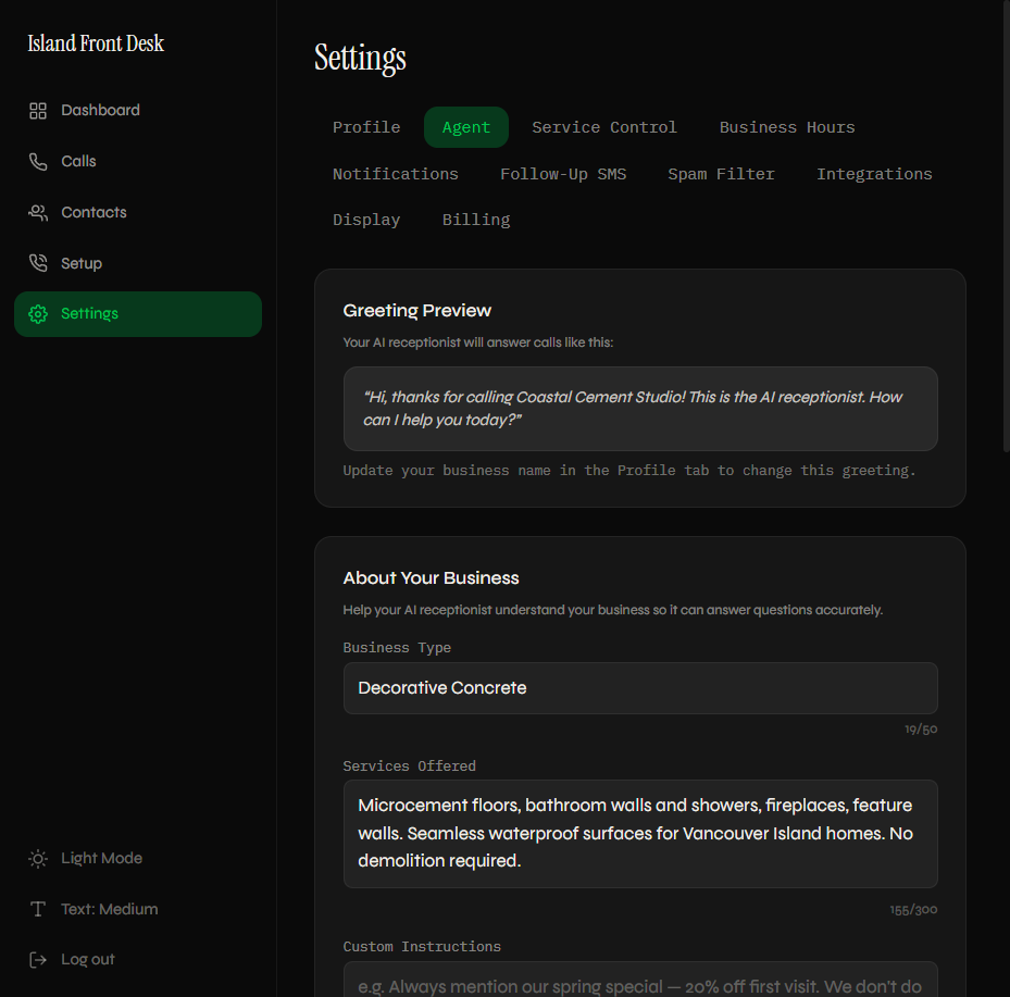 Agent settings with voice picker and business info fields