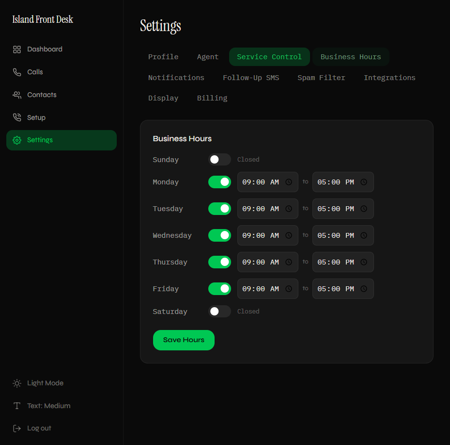 Business hours settings with day-by-day time pickers