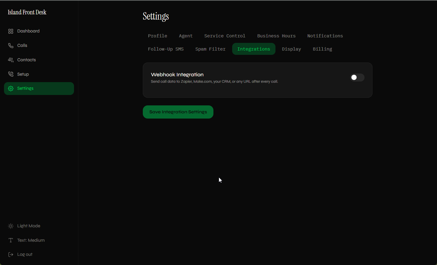Webhook integration toggle