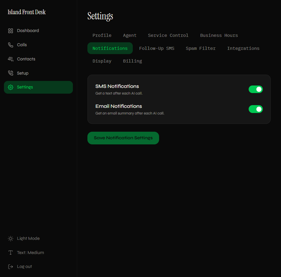 SMS and email notification toggles