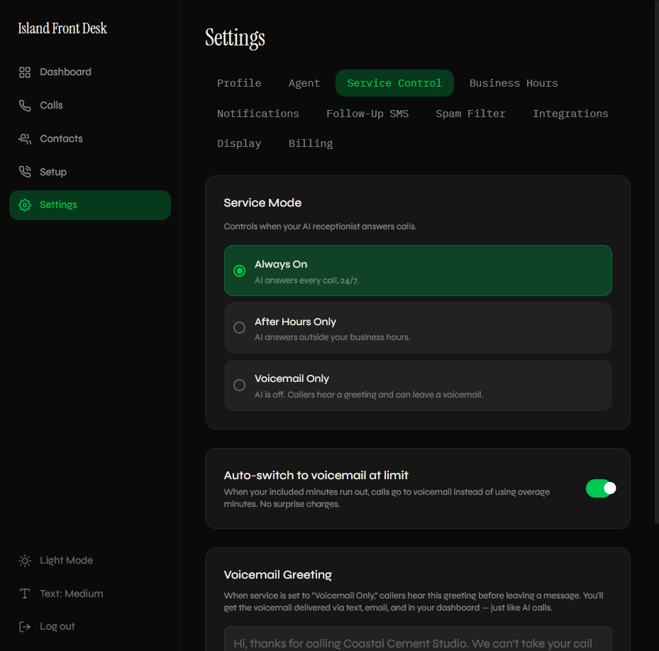 Service control with Always On, After Hours, and Voicemail modes