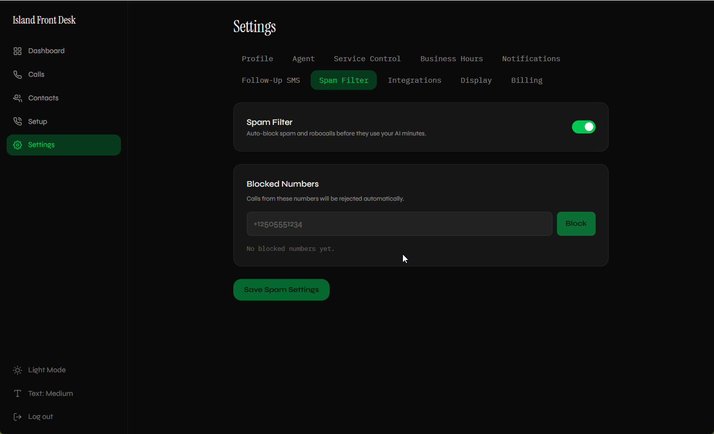 Spam filter toggle and blocked numbers list