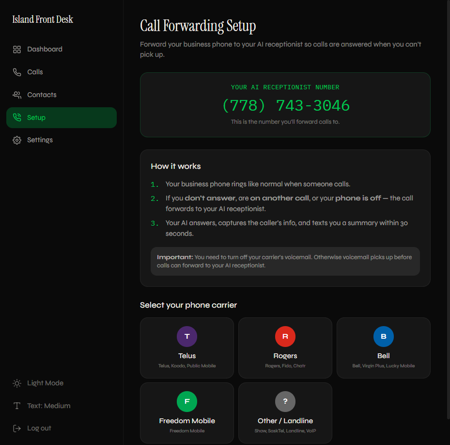 Call forwarding setup with carrier-specific instructions